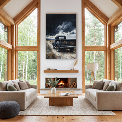 Black Vintage Pickup Storm Landscape wall art in a rustic western-style room – black vintage pickup truck on a pale