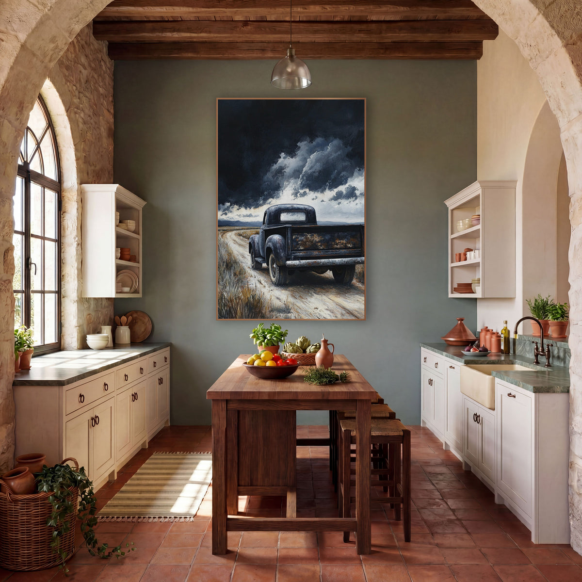 Black Vintage Pickup Storm Landscape wall art in a rustic western-style room – black vintage pickup truck on a pale