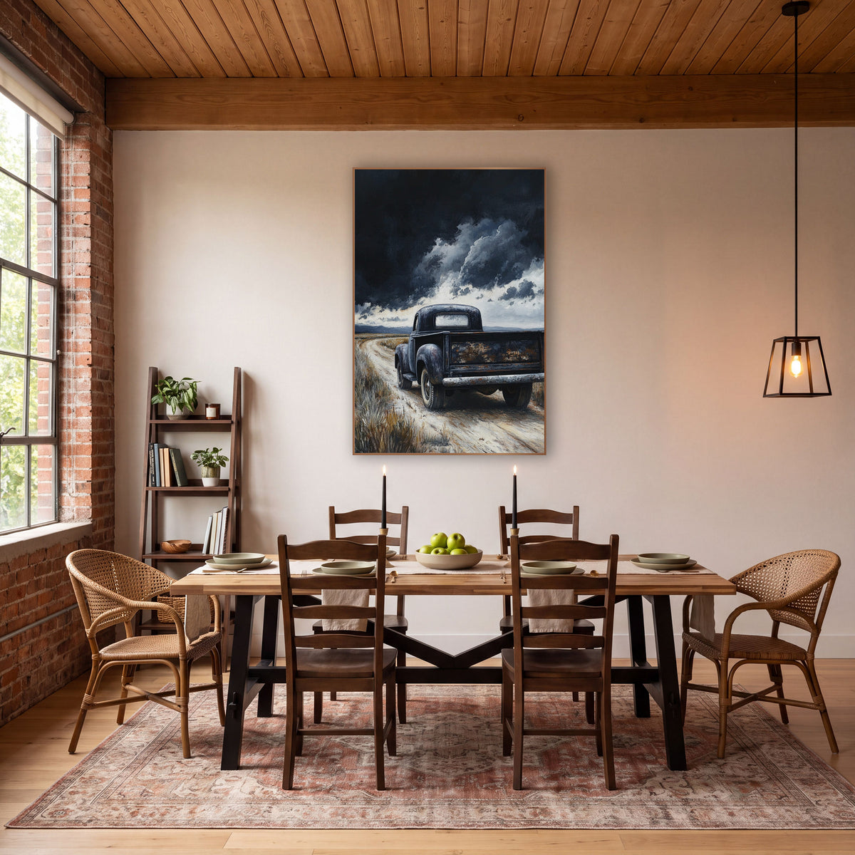 Black Vintage Pickup Storm Landscape wall art in a rustic western-style room – black vintage pickup truck on a pale