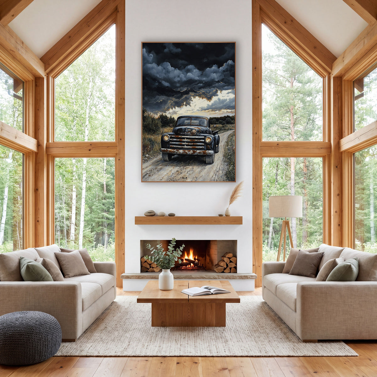 Black Vintage Pickup Truck Western wall art in a rustic western-style room – black vintage pickup truck with rusty
