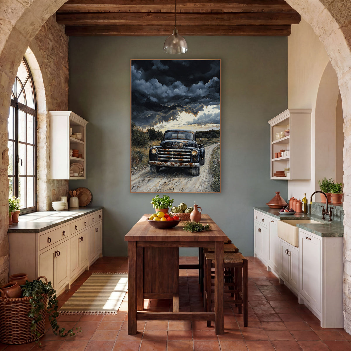 Black Vintage Pickup Truck Western wall art in a rustic western-style room – black vintage pickup truck with rusty