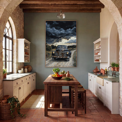 Black Vintage Pickup Truck Western wall art in a rustic western-style room – black vintage pickup truck with rusty