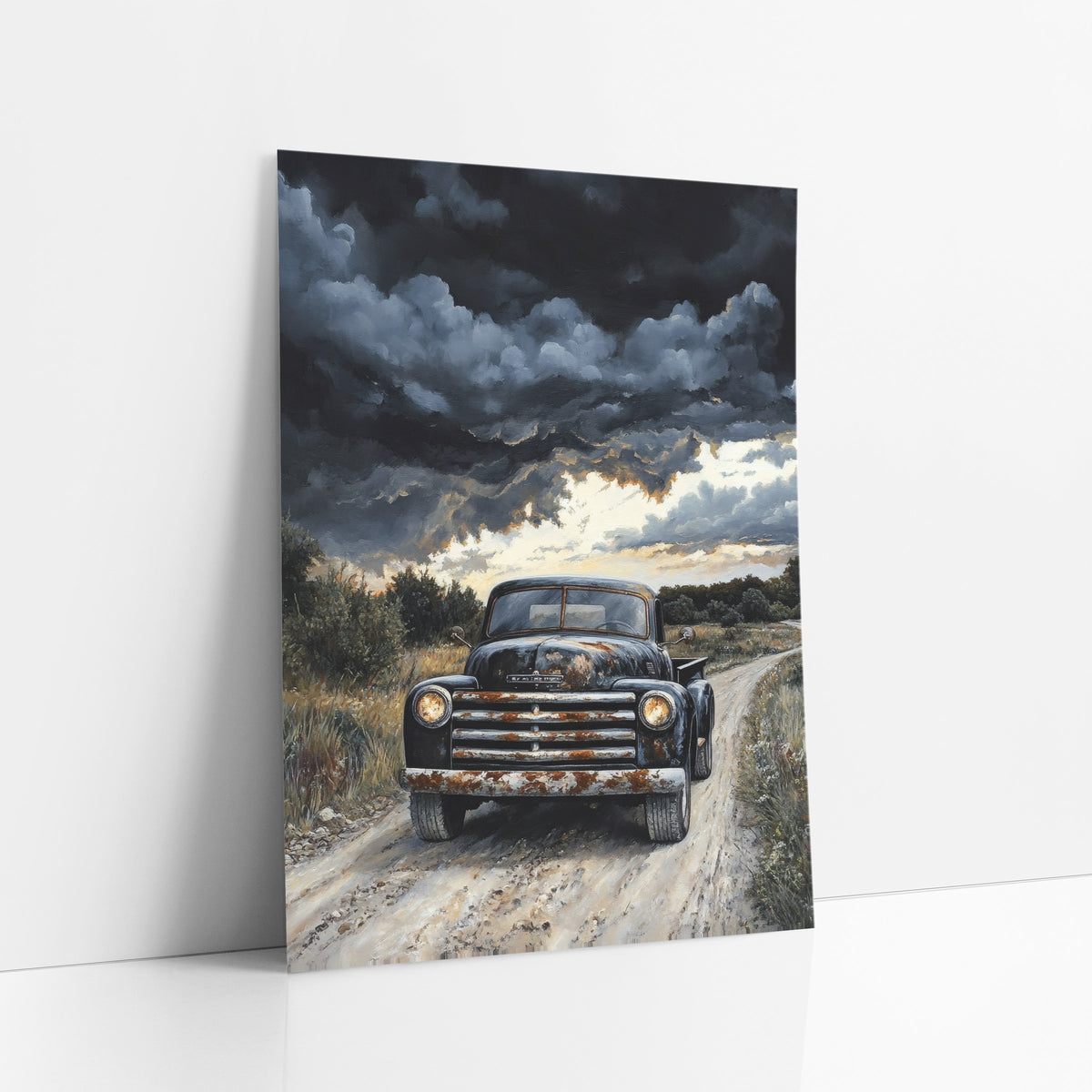 Black Vintage Pickup Truck Western art print leaning against a white wall – black vintage pickup truck with rusty grille