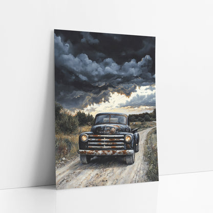 Black Vintage Pickup Truck Western art print leaning against a white wall – black vintage pickup truck with rusty grille