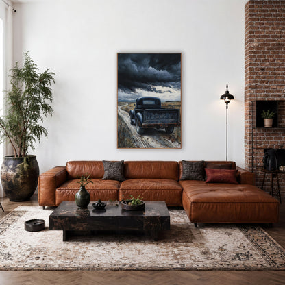 Black Vintage Truck Western Landscape wall art in a rustic western-style room – black vintage pickup truck with rusty
