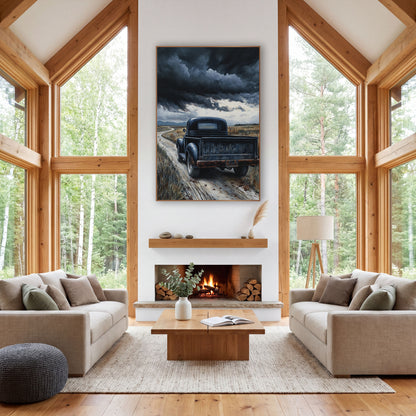 Black Vintage Truck Western Landscape wall art in a rustic western-style room – black vintage pickup truck with rusty