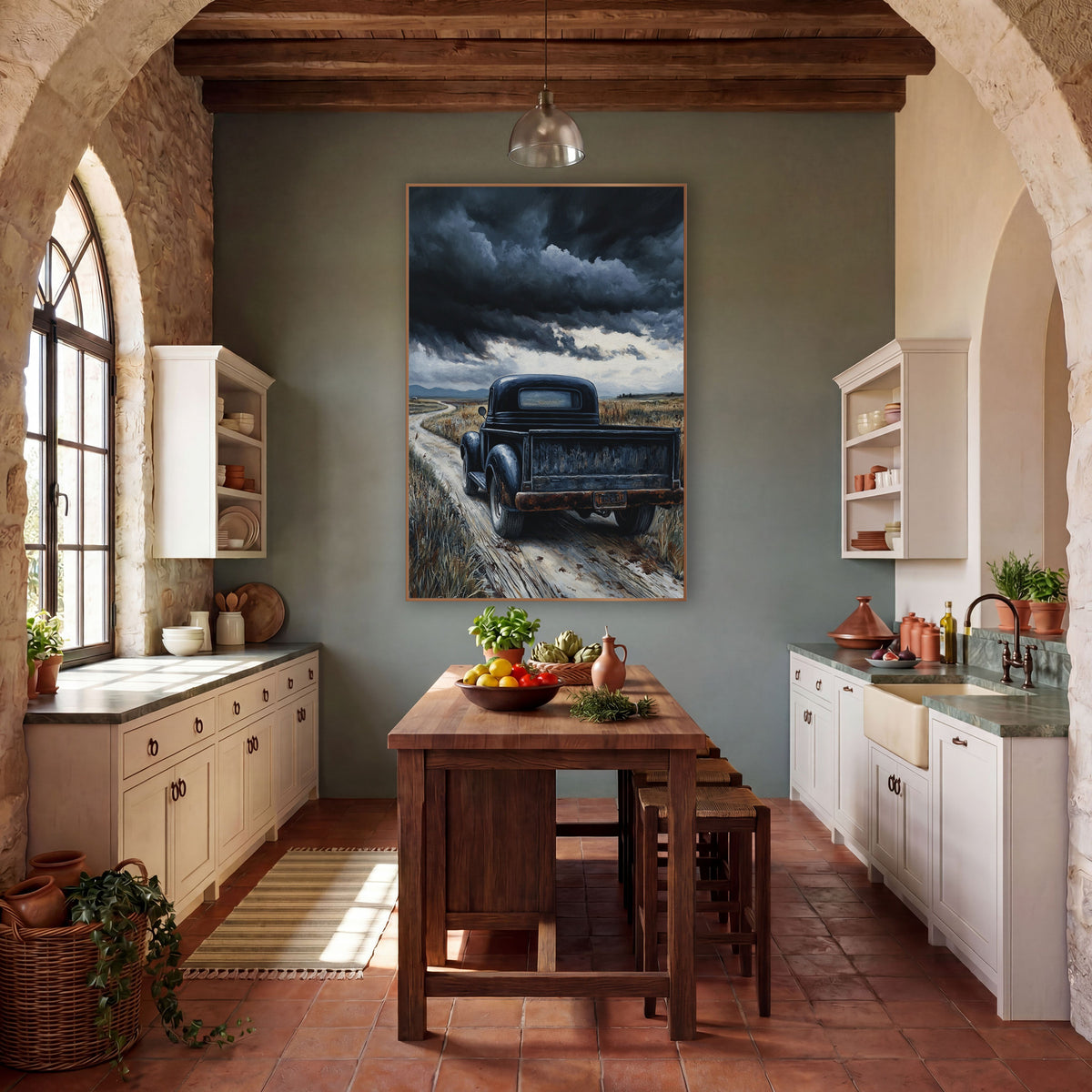 Black Vintage Truck Western Landscape wall art in a rustic western-style room – black vintage pickup truck with rusty