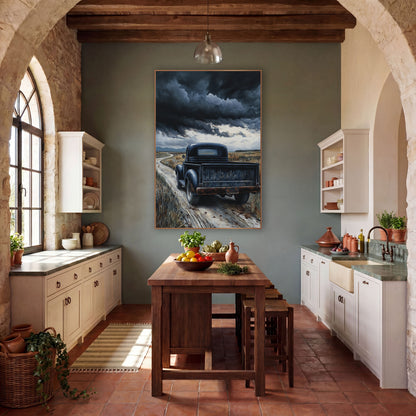 Black Vintage Truck Western Landscape wall art in a rustic western-style room – black vintage pickup truck with rusty