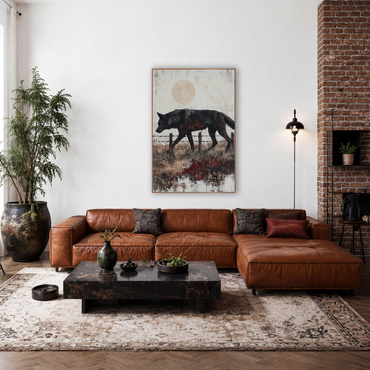 Black Wolf Fence Line Western wall art in a rustic western-style room – black wolf walking past a barbed wire fence