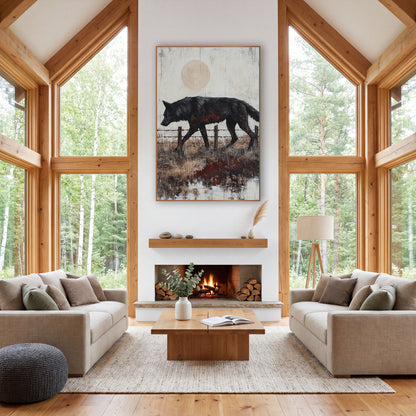 Black Wolf Fence Line Western wall art in a rustic western-style room – black wolf walking past a barbed wire fence