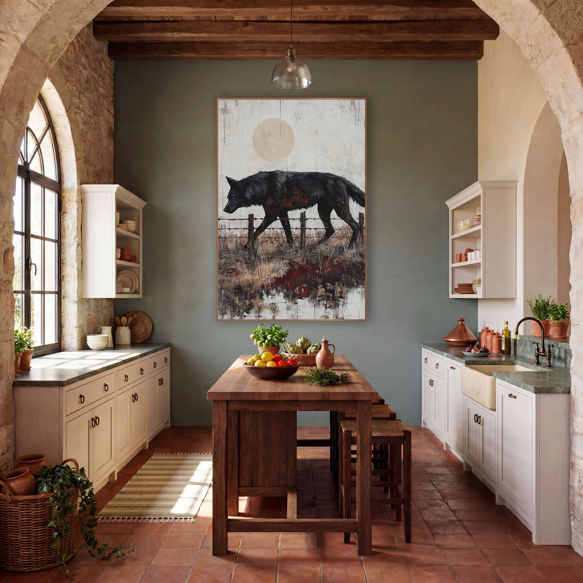 Black Wolf Fence Line Western wall art in a rustic western-style room – black wolf walking past a barbed wire fence