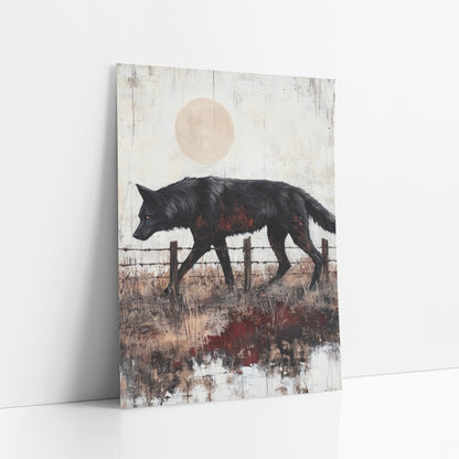 Black Wolf Fence Line Western art print leaning against a white wall – black wolf walking past a barbed wire fence and wooden