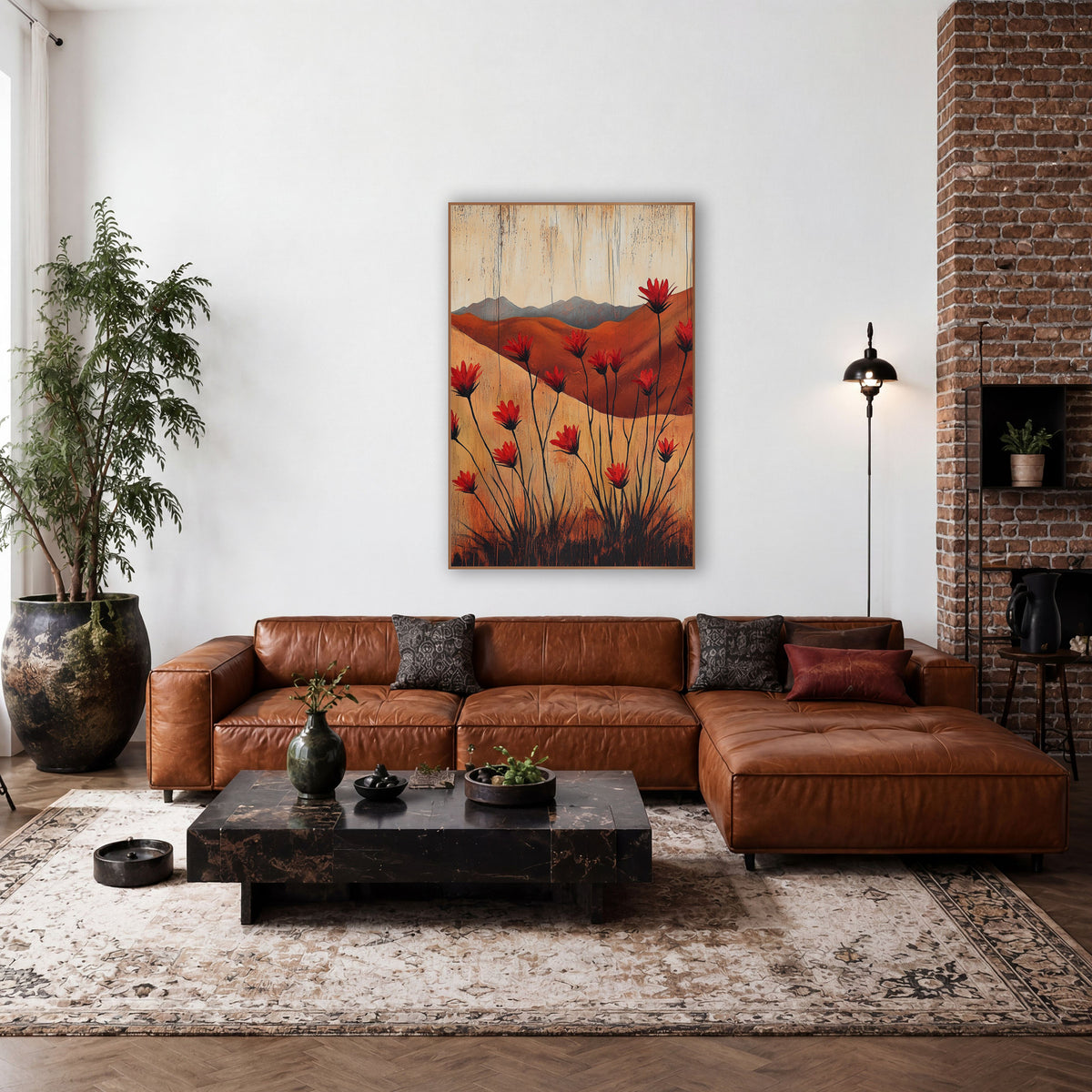 Ocotillo Crimson Rust Ridge Western wall art in a rustic western-style room – red ocotillo flowers on thin black stems