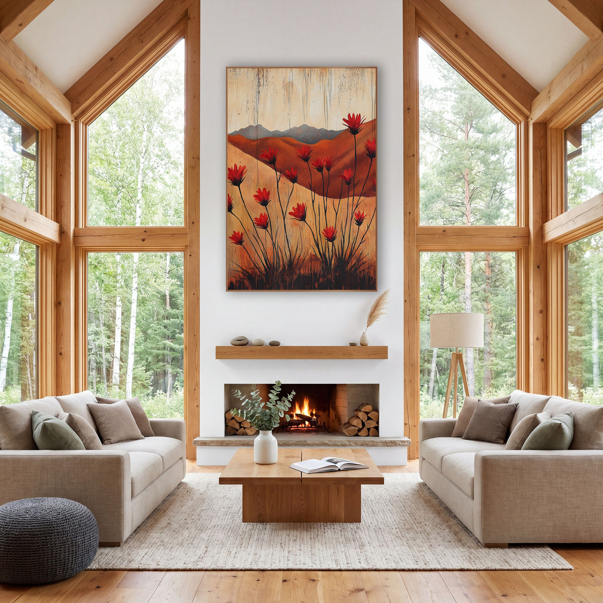 Ocotillo Crimson Rust Ridge Western wall art in a rustic western-style room – red ocotillo flowers on thin black stems