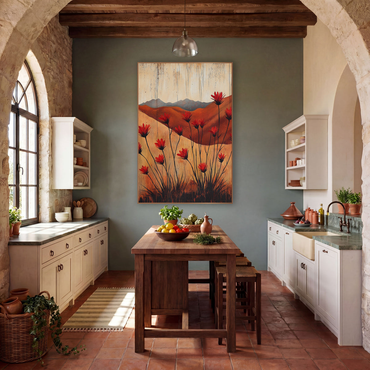 Ocotillo Crimson Rust Ridge Western wall art in a rustic western-style room – red ocotillo flowers on thin black stems