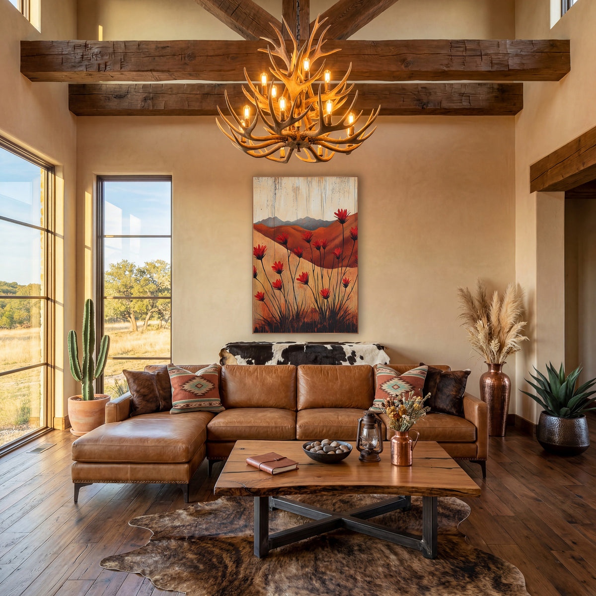 Ocotillo Crimson Rust Ridge Western wall art in a rustic western-style room – red ocotillo flowers on thin black stems
