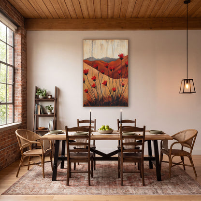 Ocotillo Crimson Rust Ridge Western wall art in a rustic western-style room – red ocotillo flowers on thin black stems