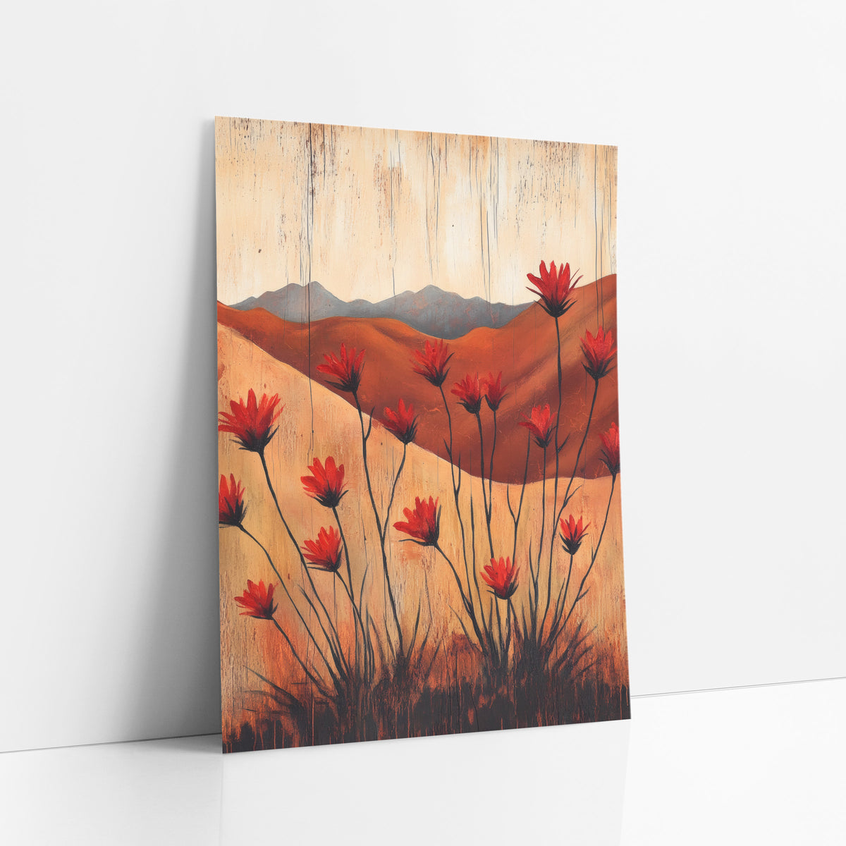 Ocotillo Crimson Rust Ridge Western art print leaning against a white wall – red ocotillo flowers on thin black stems before