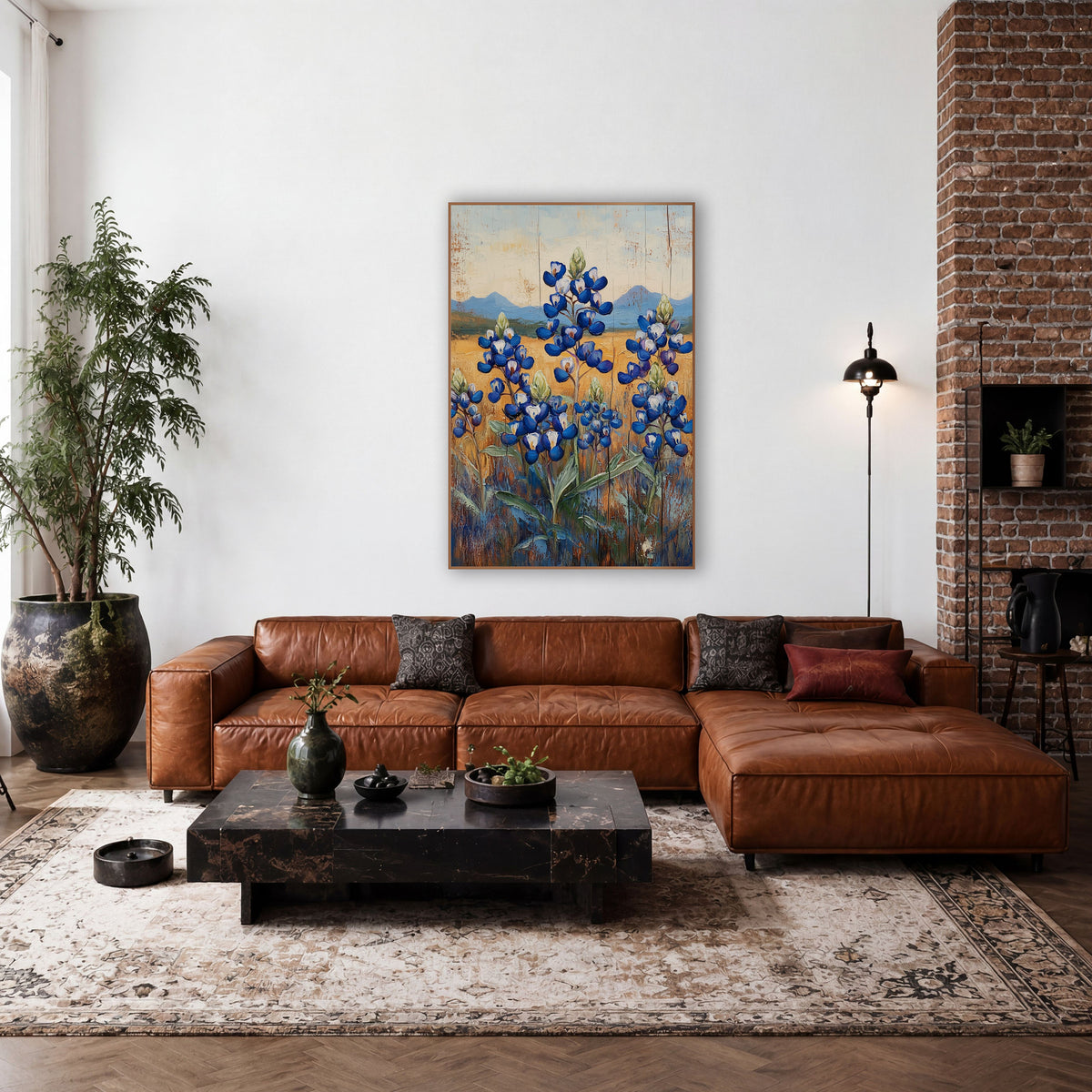 Blue Bluebonnet Field Western Farmhouse wall art in a rustic western-style room – blue bluebonnet flower spikes