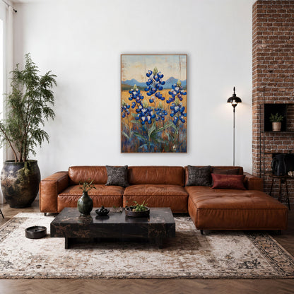 Blue Bluebonnet Field Western Farmhouse wall art in a rustic western-style room – blue bluebonnet flower spikes