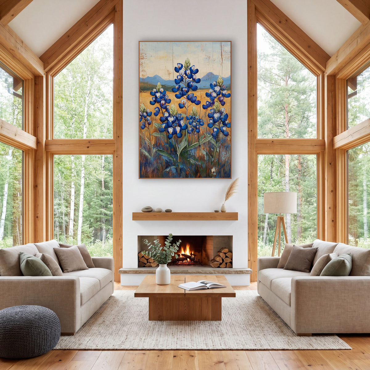 Blue Bluebonnet Field Western Farmhouse wall art in a rustic western-style room – blue bluebonnet flower spikes