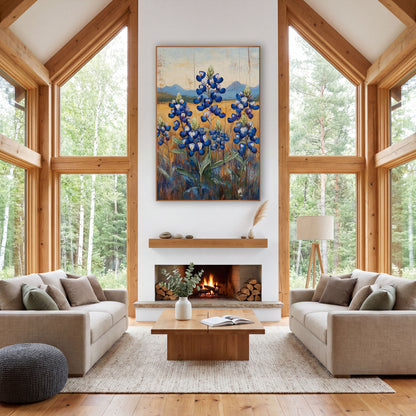 Blue Bluebonnet Field Western Farmhouse wall art in a rustic western-style room – blue bluebonnet flower spikes