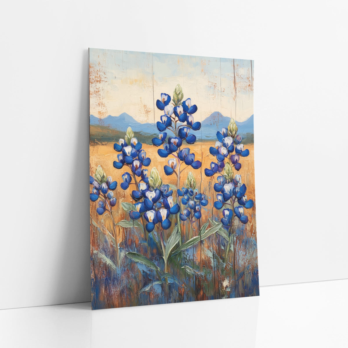 Blue Bluebonnet Field Western Farmhouse art print leaning against a white wall – blue bluebonnet flower spikes in a golden