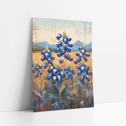 Blue Bluebonnet Field Western Farmhouse art print leaning against a white wall – blue bluebonnet flower spikes in a golden