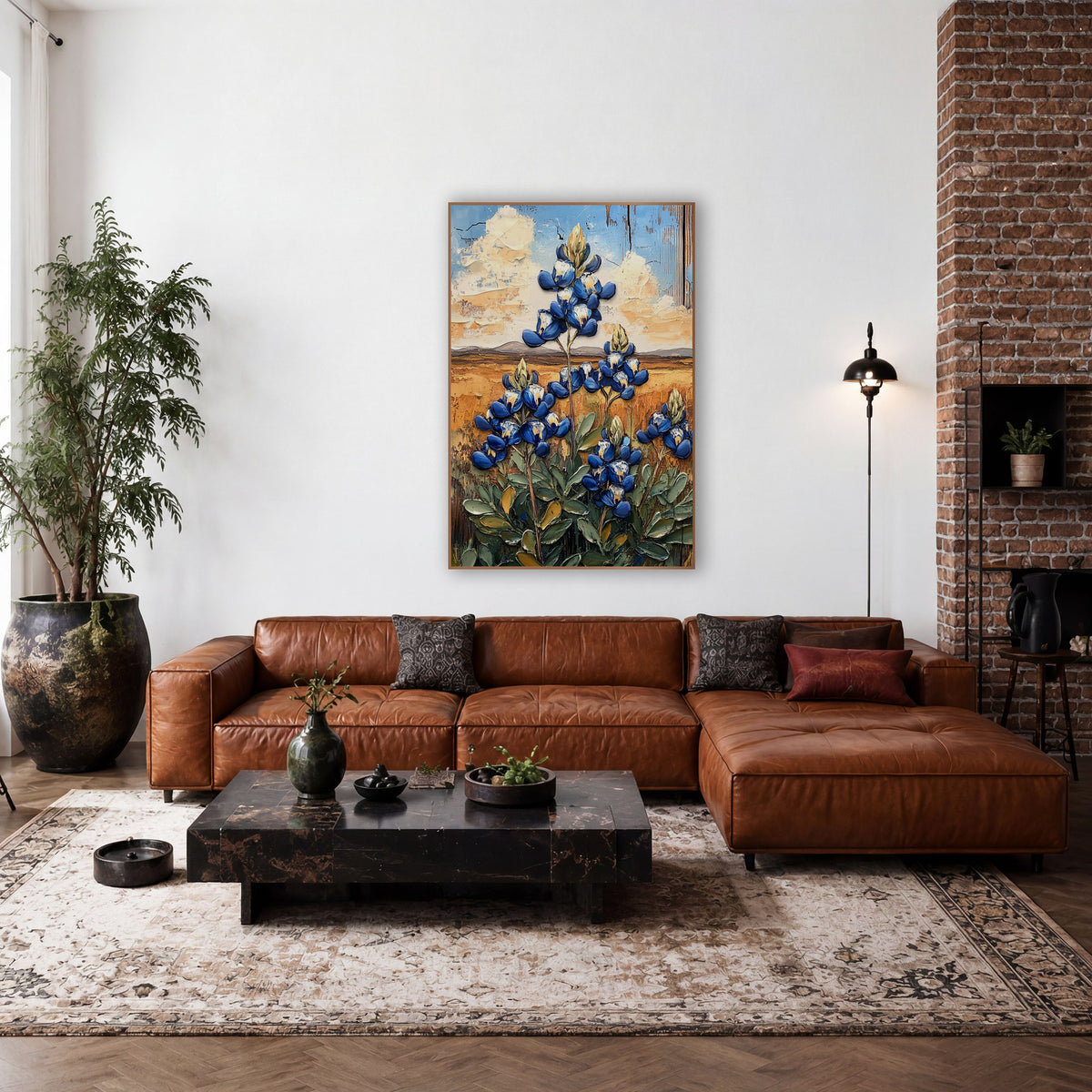 Cobalt Bluebonnet Prairie Western wall art in a rustic western-style room – cobalt blue bluebonnet flowers with sage