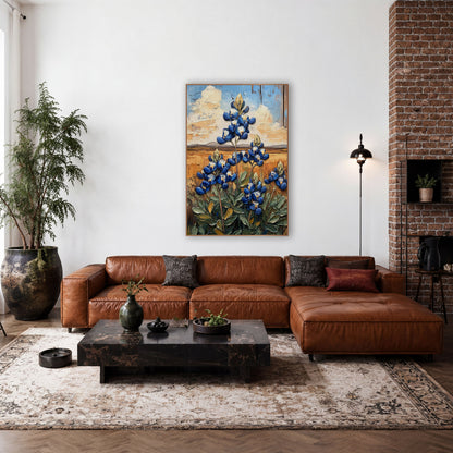 Cobalt Bluebonnet Prairie Western wall art in a rustic western-style room – cobalt blue bluebonnet flowers with sage