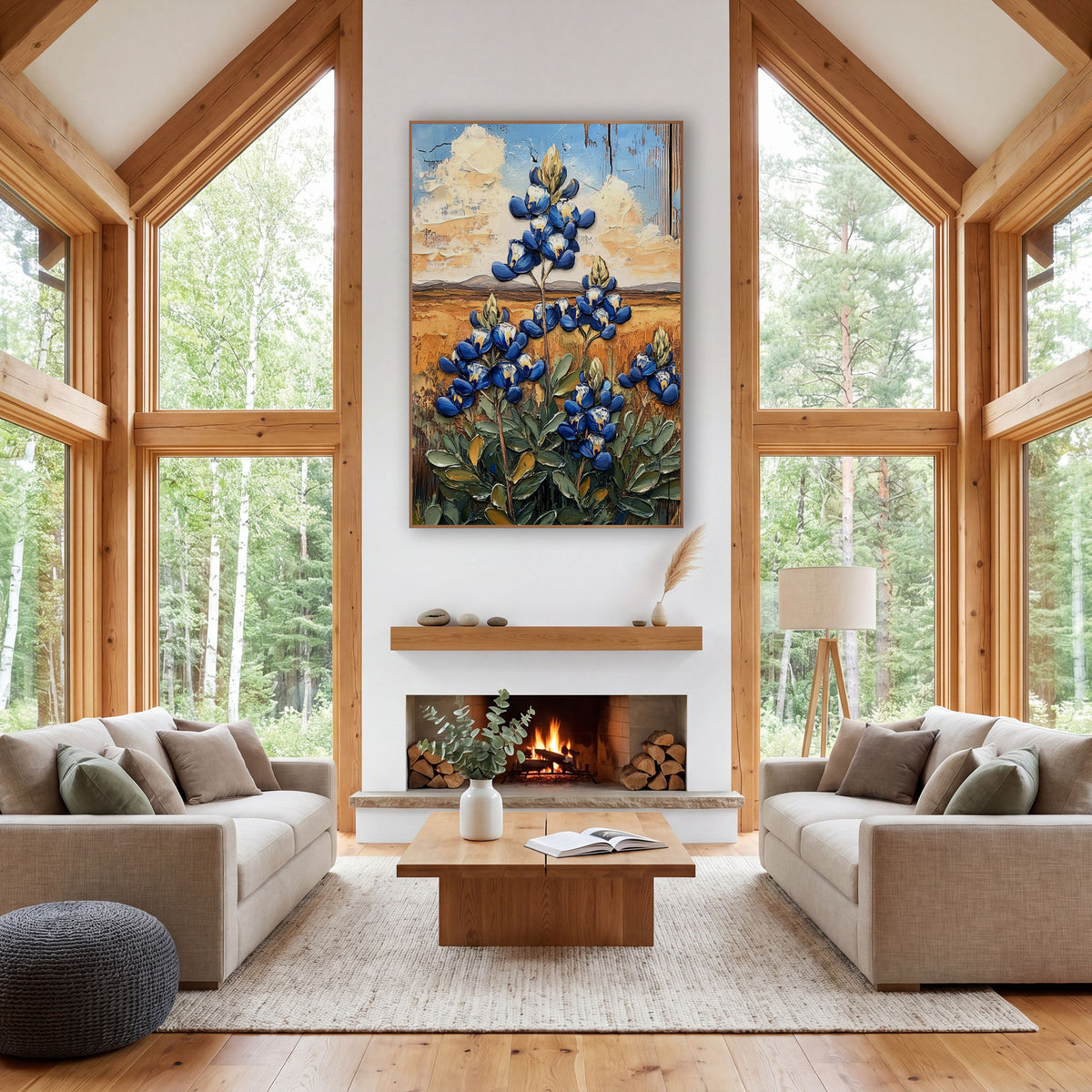Cobalt Bluebonnet Prairie Western wall art in a rustic western-style room – cobalt blue bluebonnet flowers with sage