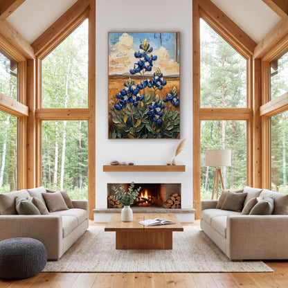 Cobalt Bluebonnet Prairie Western wall art in a rustic western-style room – cobalt blue bluebonnet flowers with sage