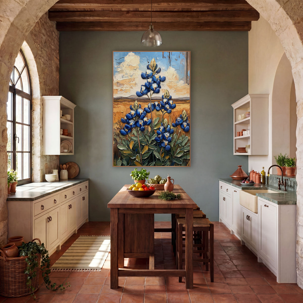 Cobalt Bluebonnet Prairie Western wall art in a rustic western-style room – cobalt blue bluebonnet flowers with sage
