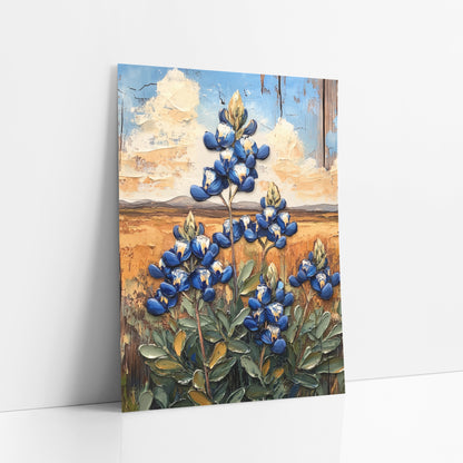Cobalt Bluebonnet Prairie Western art print leaning against a white wall – cobalt blue bluebonnet flowers with sage leaves