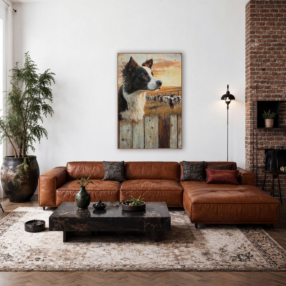 Border Collie Ranch Western Scene wall art in a rustic western-style room – border collie looking over weathered wood
