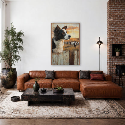 Border Collie Ranch Western Scene wall art in a rustic western-style room – border collie looking over weathered wood