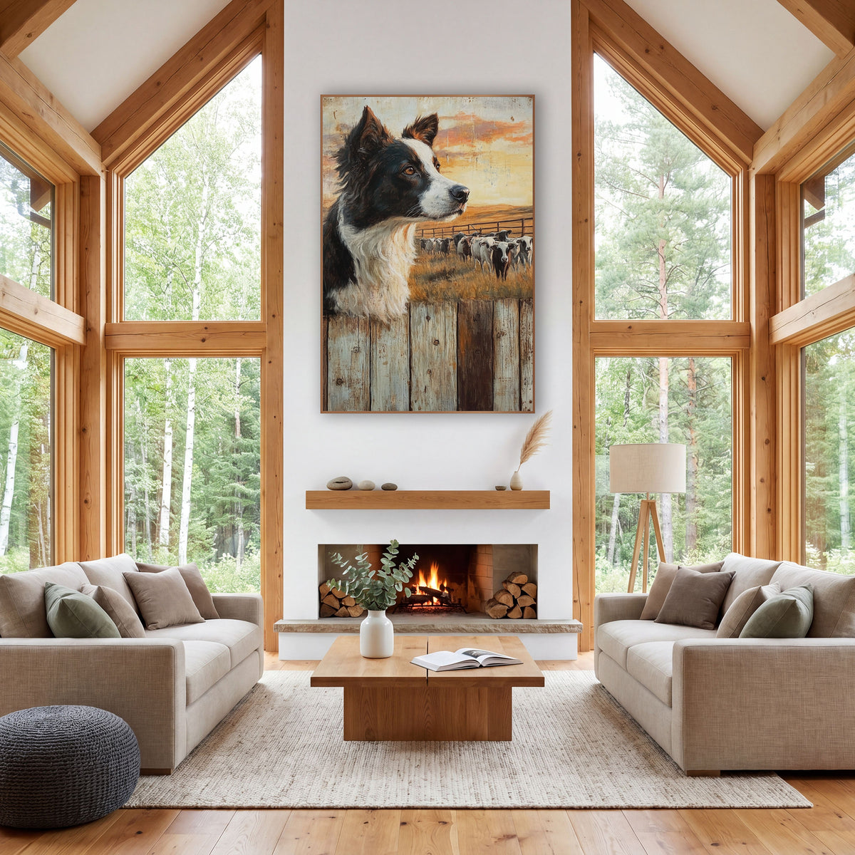 Border Collie Ranch Western Scene wall art in a rustic western-style room – border collie looking over weathered wood