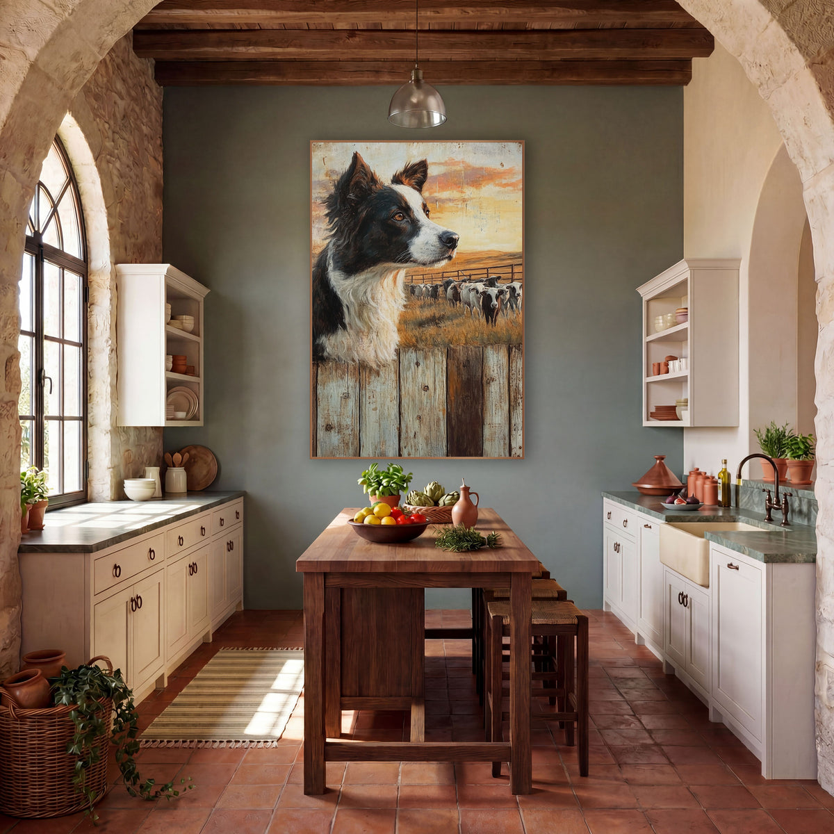 Border Collie Ranch Western Scene wall art in a rustic western-style room – border collie looking over weathered wood