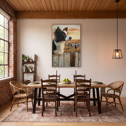 Border Collie Ranch Western Scene wall art in a rustic western-style room – border collie looking over weathered wood