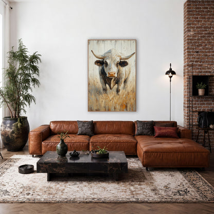 Brahman Bull Rustic Western wall art in a rustic western-style room – white Brahman bull with long curved horns