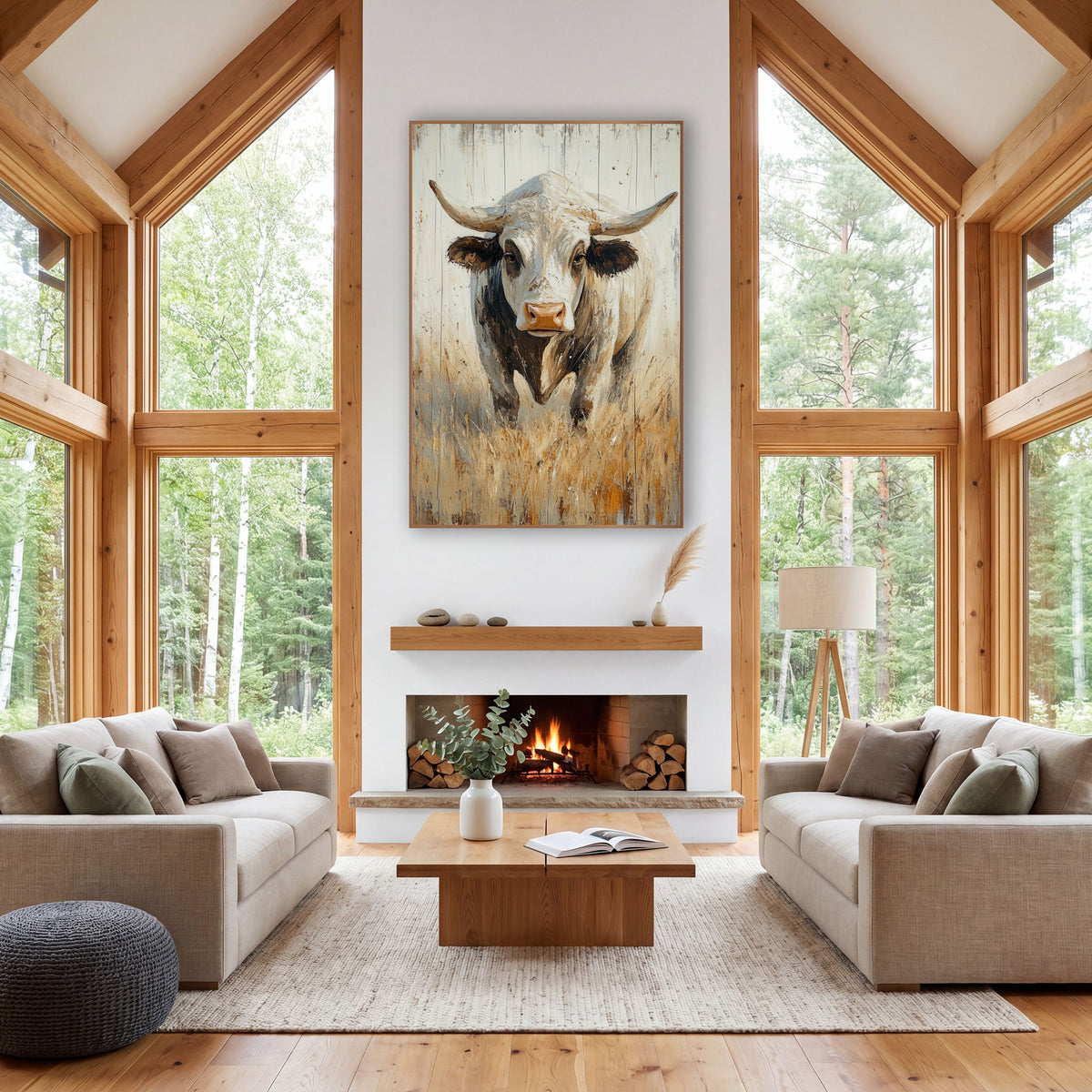 Brahman Bull Rustic Western wall art in a rustic western-style room – white Brahman bull with long curved horns