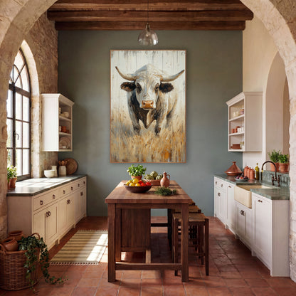 Brahman Bull Rustic Western wall art in a rustic western-style room – white Brahman bull with long curved horns