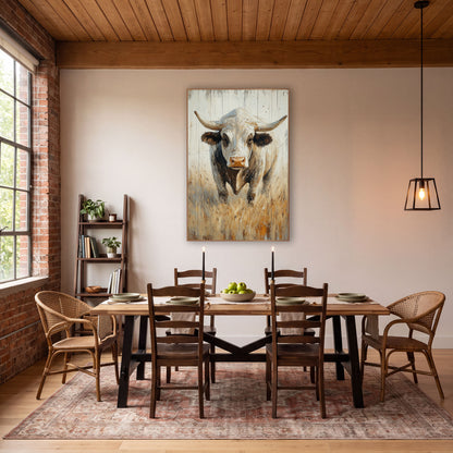 Brahman Bull Rustic Western wall art in a rustic western-style room – white Brahman bull with long curved horns