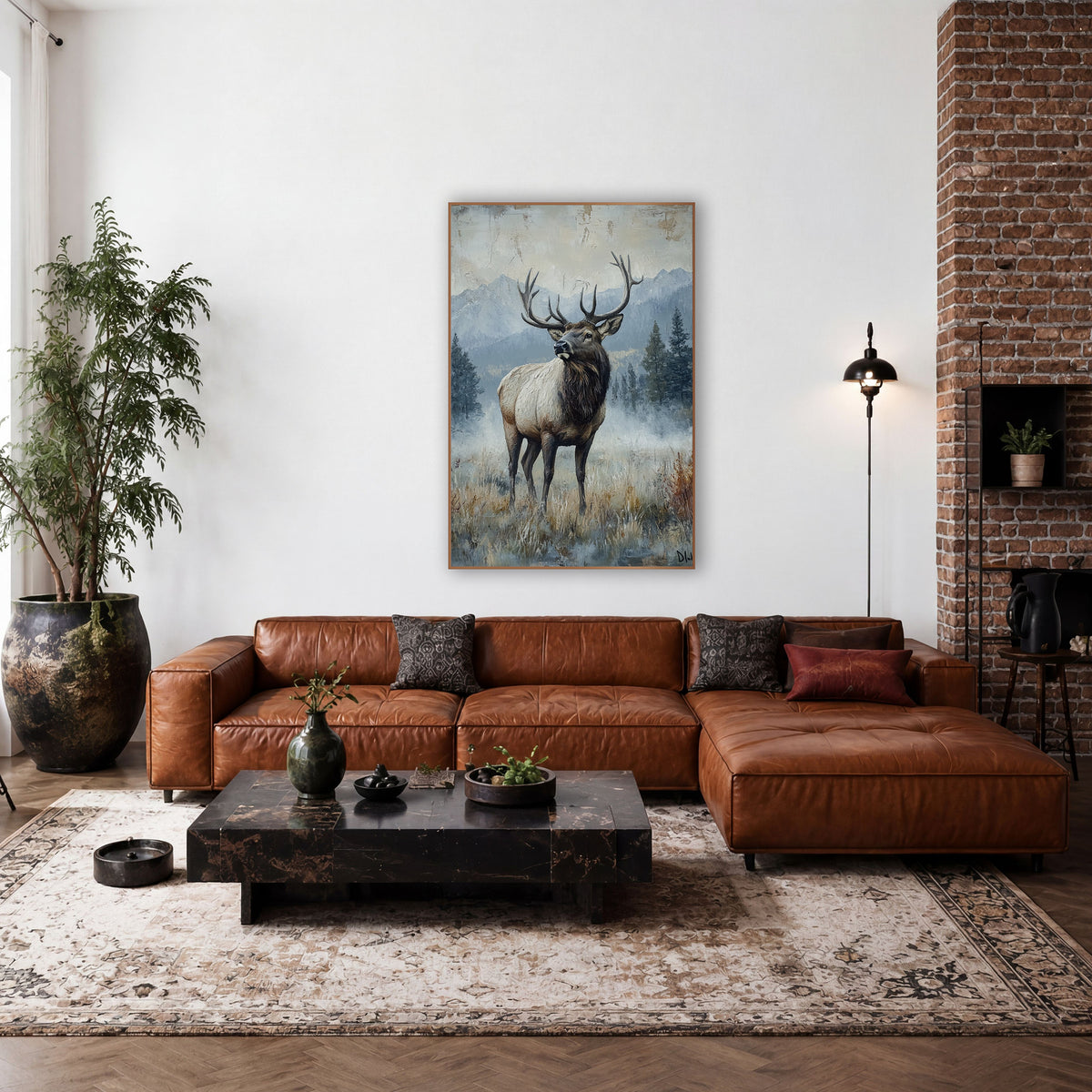 Misty Meadow Elk Rustic Lodge wall art in a rustic western-style room – bull elk with wide antlers standing in a misty
