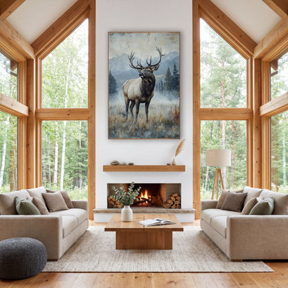 Misty Meadow Elk Rustic Lodge wall art in a rustic western-style room – bull elk with wide antlers standing in a misty
