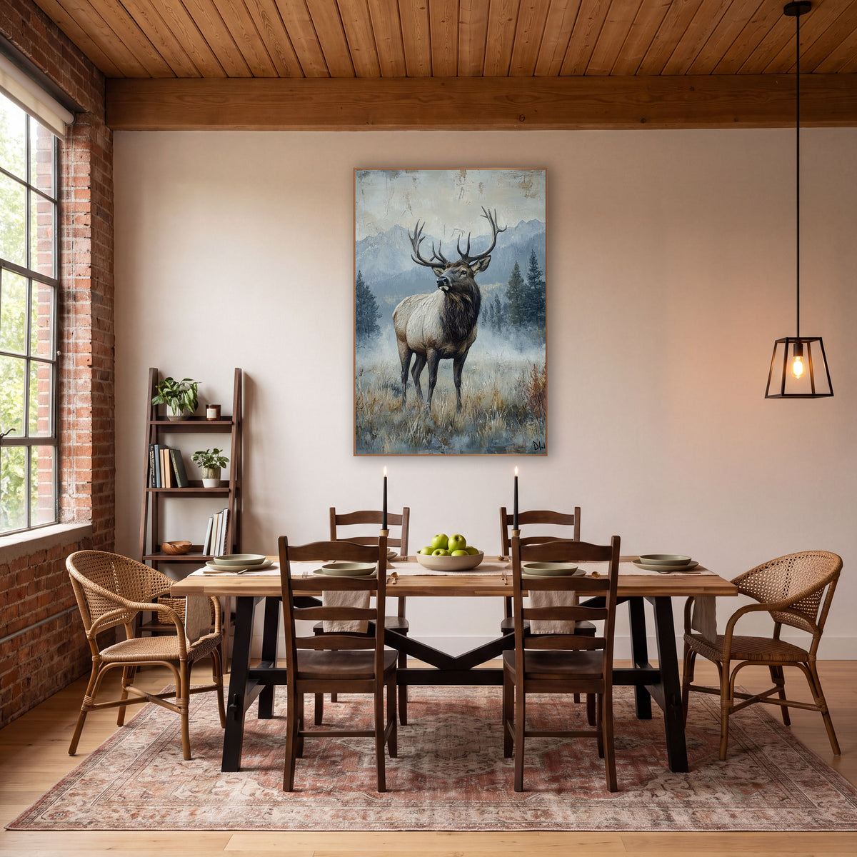 Misty Meadow Elk Rustic Lodge wall art in a rustic western-style room – bull elk with wide antlers standing in a misty