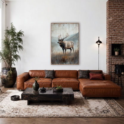 Left Facing Elk Hillside Rustic wall art in a rustic western-style room – bull elk with large antlers standing in tall