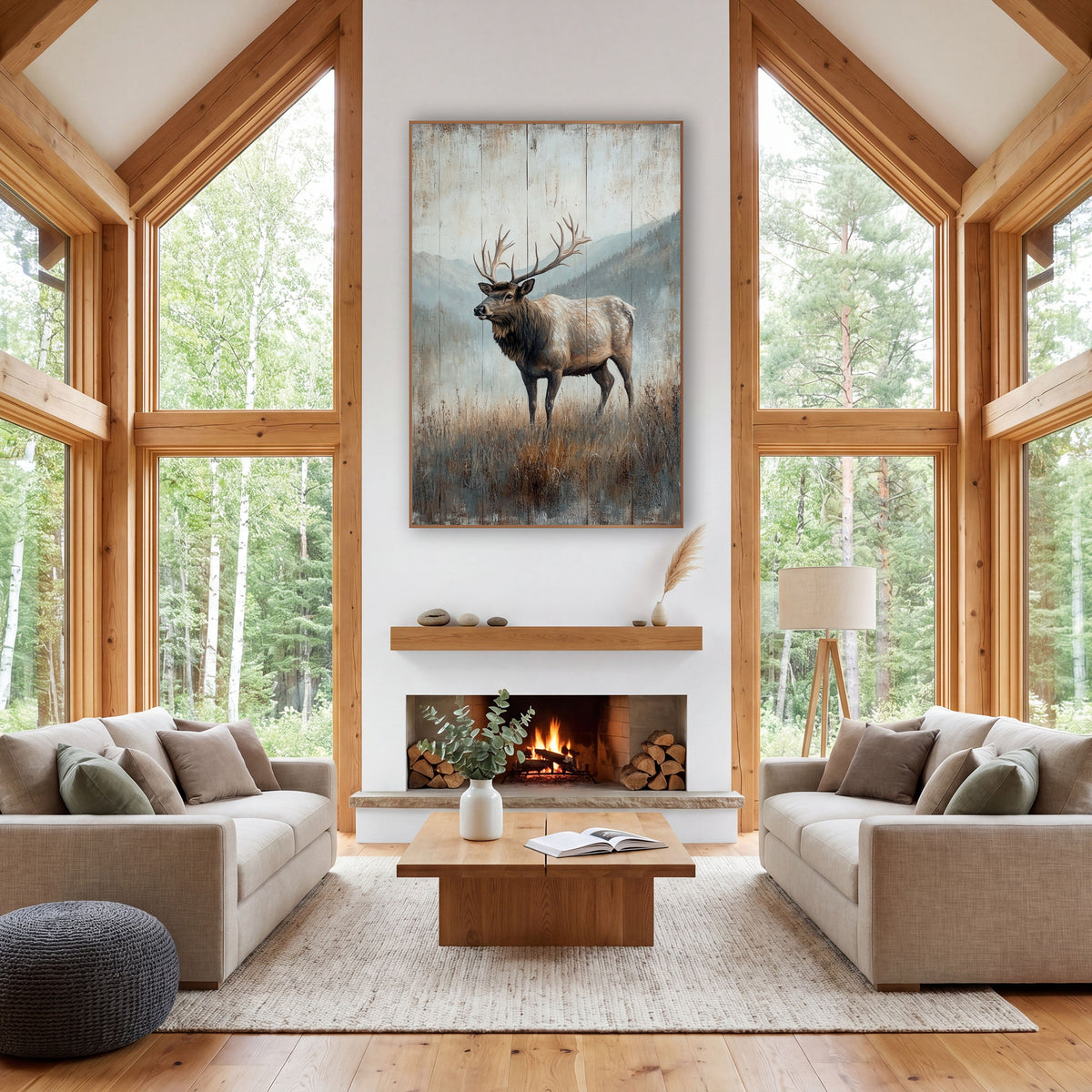 Left Facing Elk Hillside Rustic wall art in a rustic western-style room – bull elk with large antlers standing in tall