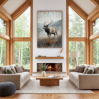 Left Facing Elk Hillside Rustic wall art in a rustic western-style room – bull elk with large antlers standing in tall