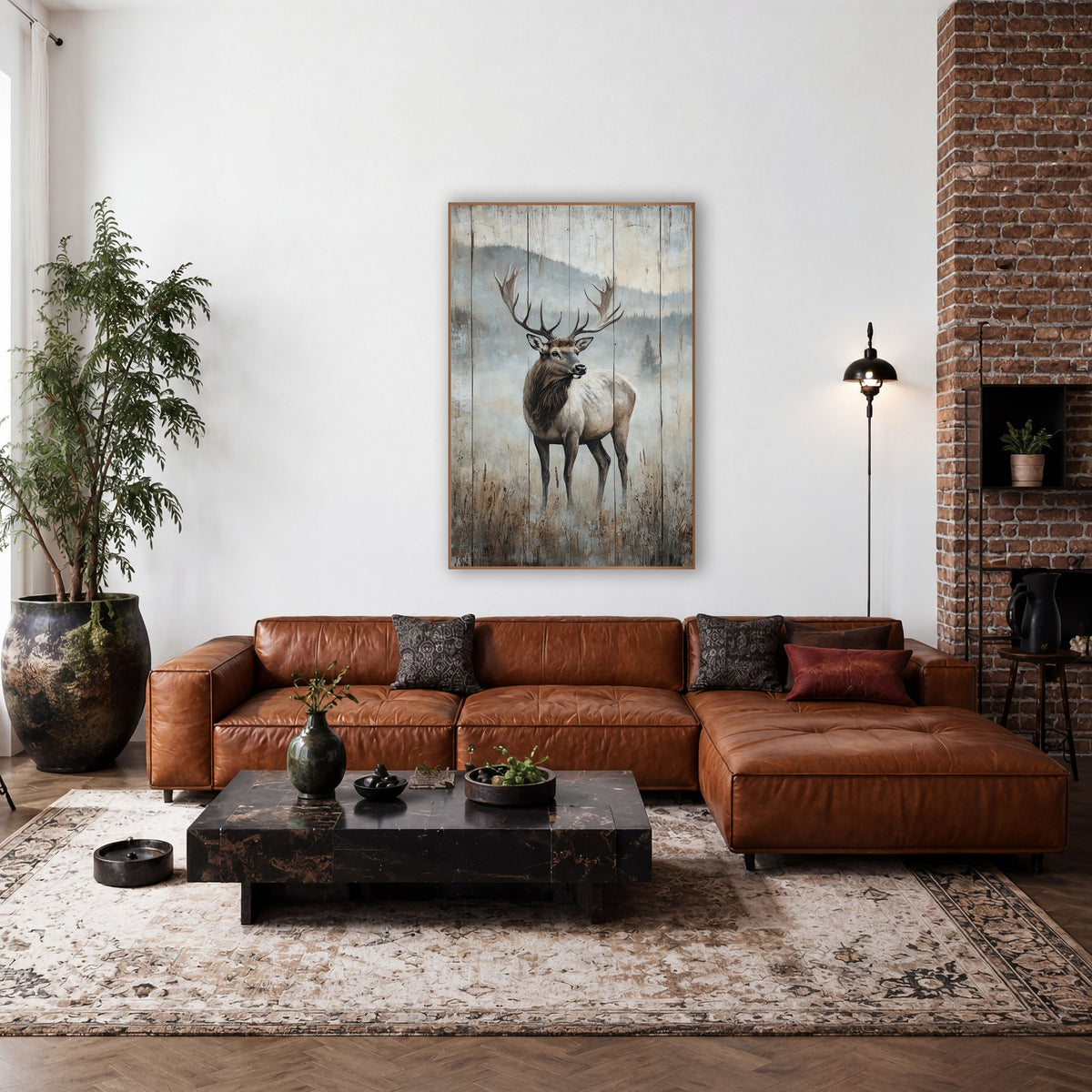 Foggy Pine Ridge Elk Vintage wall art in a rustic western-style room – bull elk with large antlers standing in a misty
